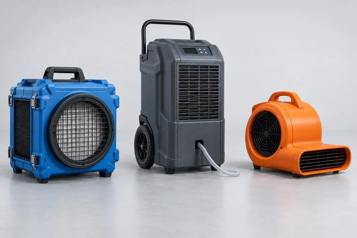 Illustration of a HEPA air scrubber, dehumidifier, and air mover