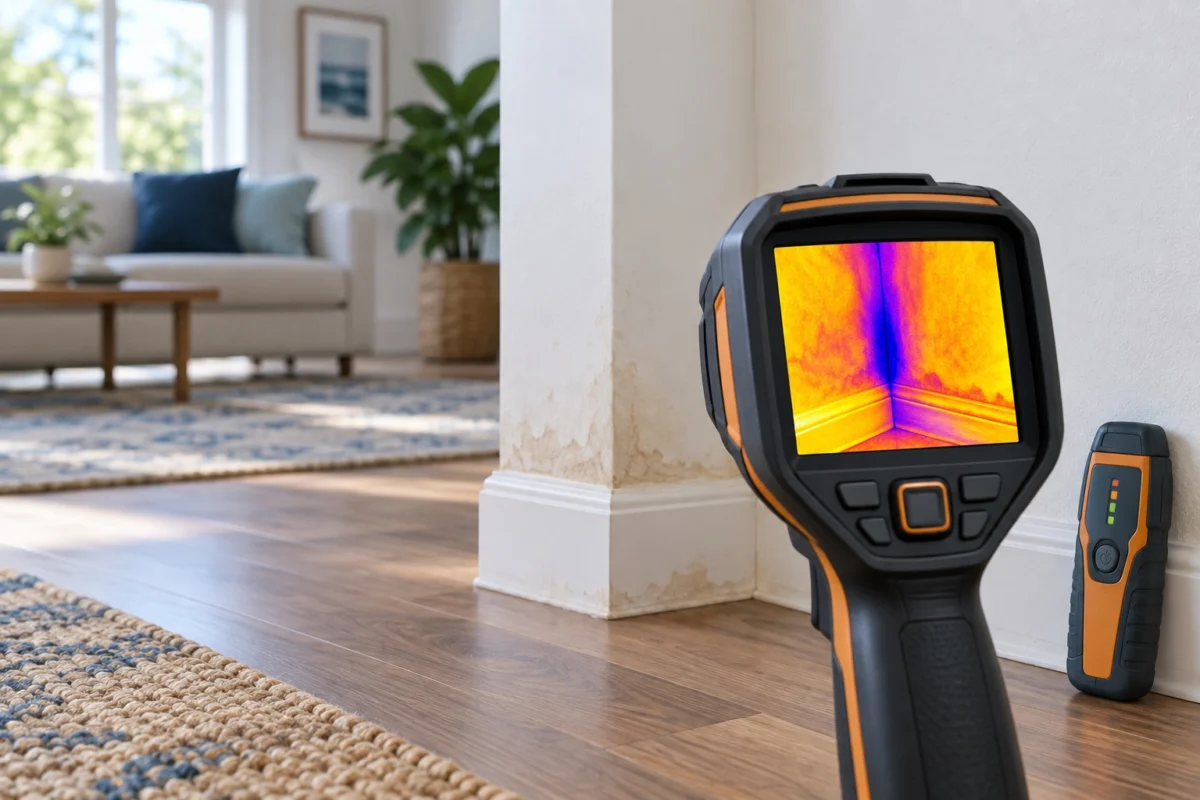 Educational illustration of thermal screening and moisture verification