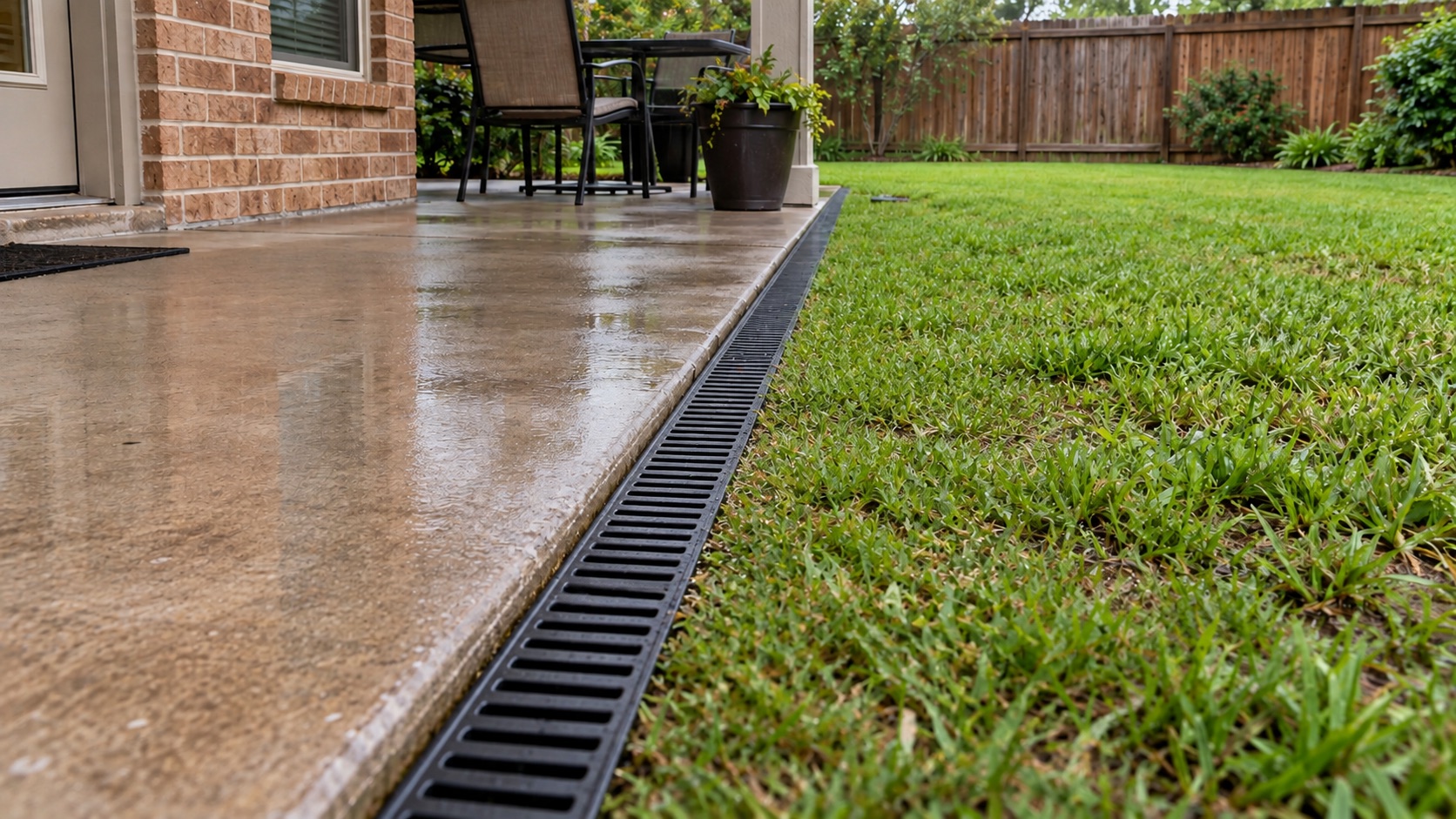After concept: the same patio with a flush channel drain and restored lawn edge