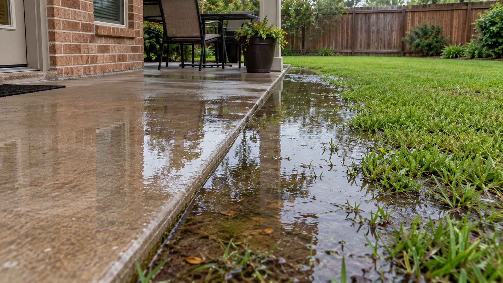Illustration of water pooling where a backyard lawn meets a concrete patio