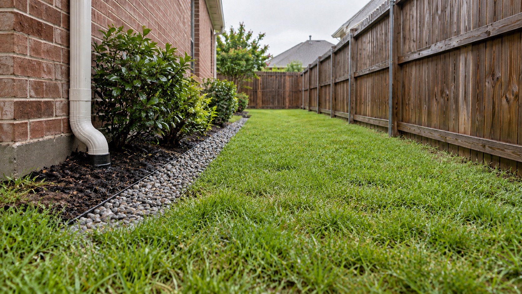 After concept: the same side yard with dry lawn, a gravel drainage strip and a downspout connected to buried pipe