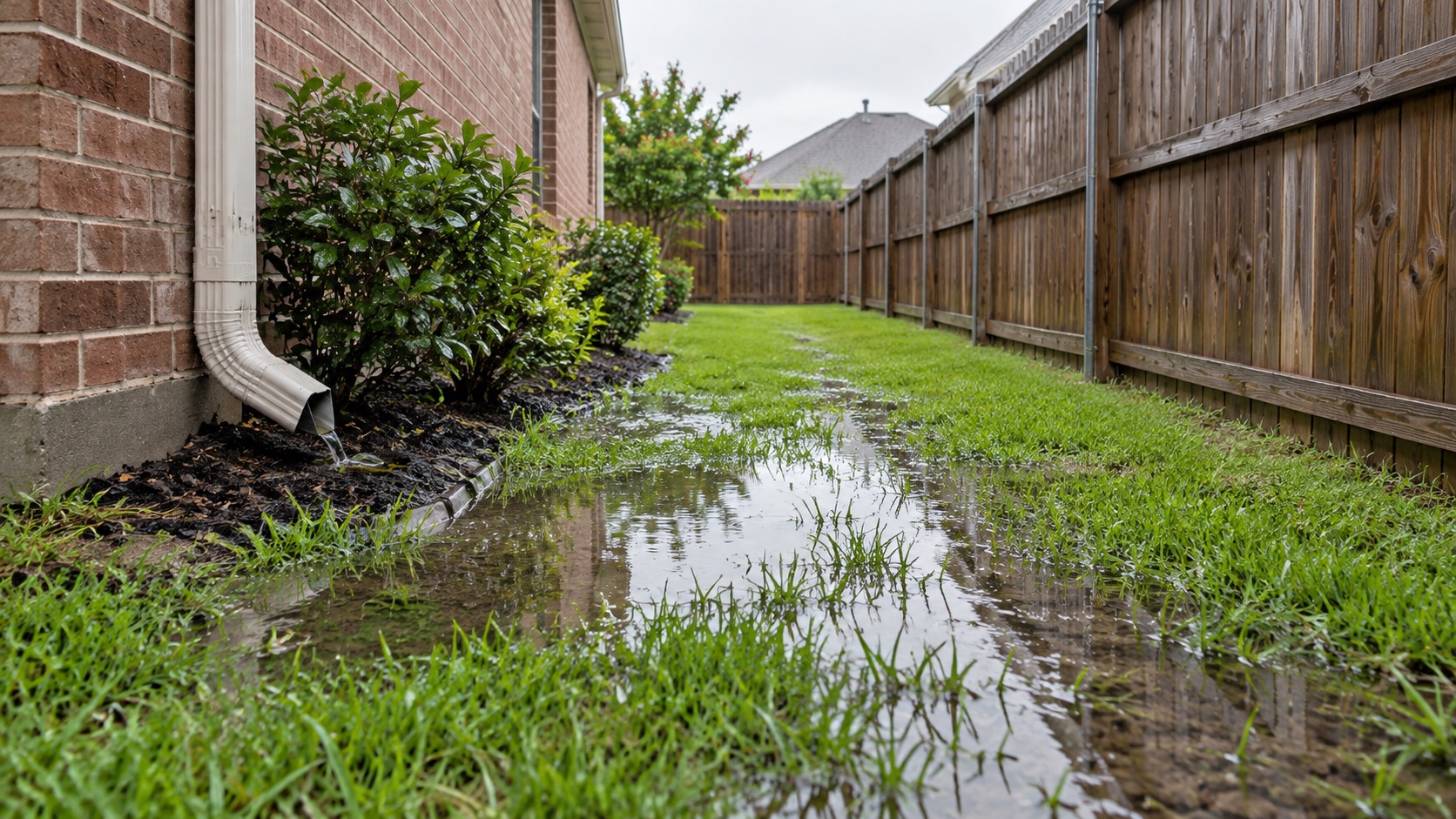 Illustration of a waterlogged side yard between a brick house and a fence